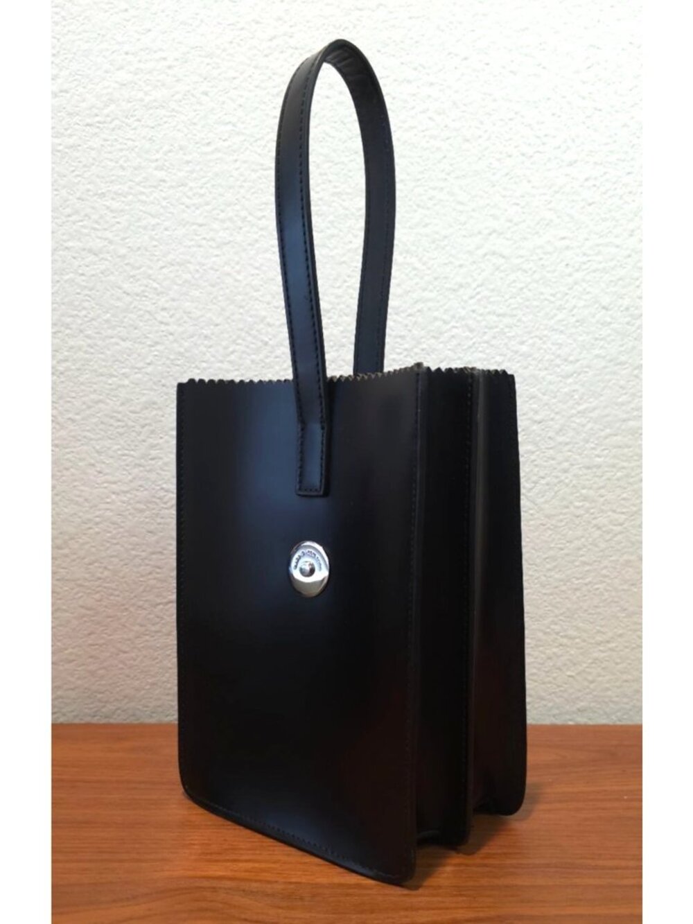 KARA Pinch Wristlet Black Leather Minimalist Mini Tote Bag Purse